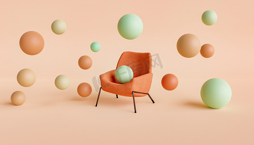 漂浮沙发摄影照片_带有渐变色球体漂浮的天鹅绒椅子的抽象场景