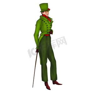 卡通人物是一个穿着时髦的绿色西装、头戴礼帽的男人。