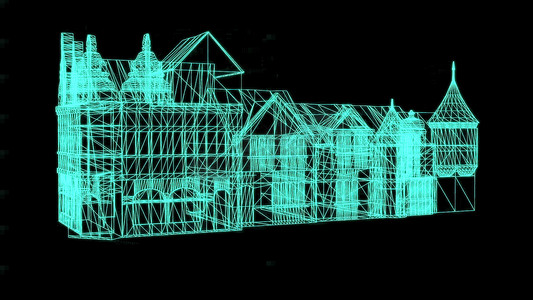 3d 插图 - 黑色背景中世纪房屋的线框模型 - 3D 渲染。