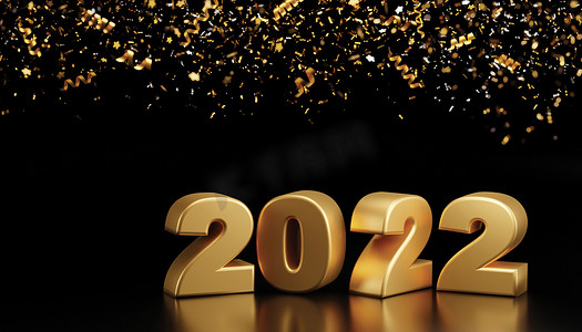 2022 年新年快乐，箔纸屑落在黑色背景 3d 渲染上