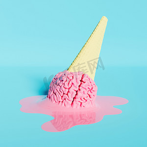 带有融化的粉红色大脑的冰淇淋甜筒