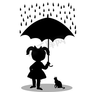 有猫的小女孩在伞下