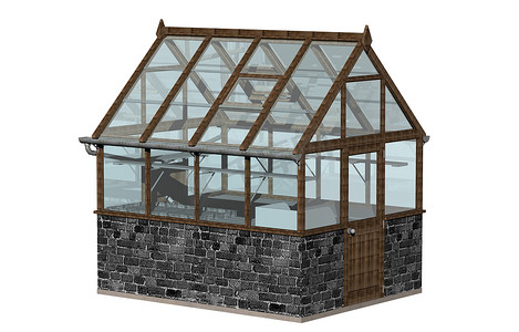 太阳辐射摄影照片_花园里带玻璃窗的小温室