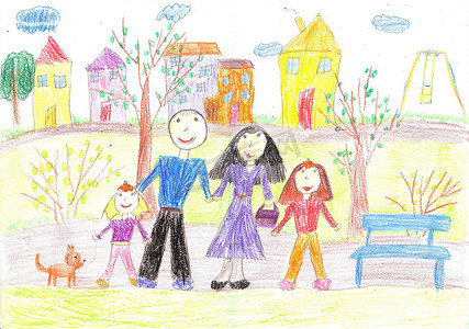 一家人散步的儿童画