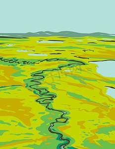 一条河流蜿蜒穿过位于阿拉斯加美国 WPA 海报艺术东南角 Krusenstern 国家纪念碑的苔原