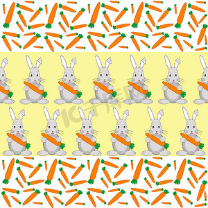 兔子和胡萝卜在黄色背景上的无缝模式