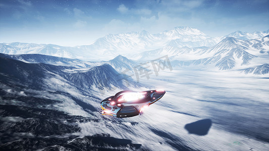 一艘飞船飞越一个未知的冰雪星球。 