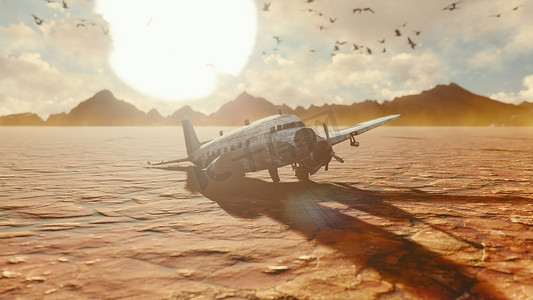 坠毁的飞机在沙漠中。