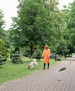 穿着橙色雨衣的年轻女子和她的狗在公园里散步
