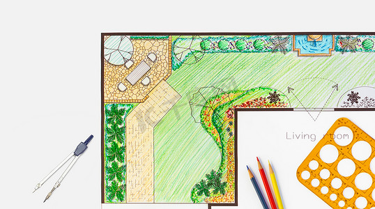 建筑学生设计项目后院花园和庭院平面图。