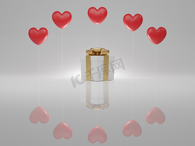 情人节概念、红心气球和白色礼品盒，白色背景上有金丝带。 