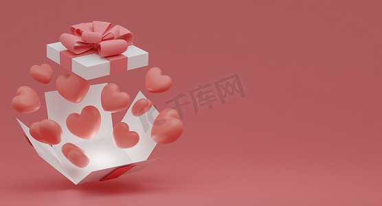 情人节概念，粉红色和白色的心形气球在粉红色背景的礼品盒中。 