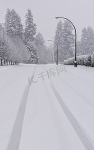 白雪皑皑的冬季道路，雪地上有轮胎痕迹。