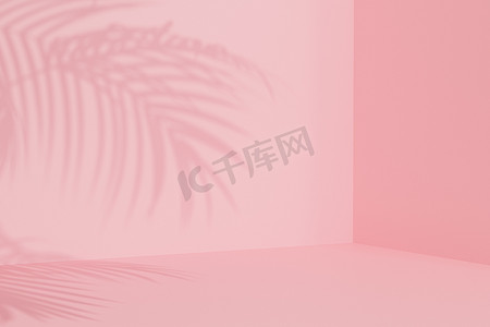 带热带树叶阴影的暑假粉红色背景，最小的 3d 插图渲染