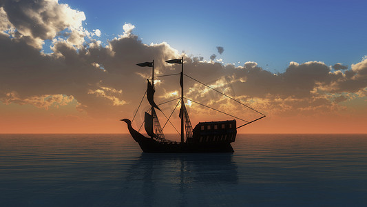 海上夕阳下的老船