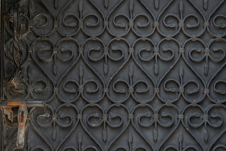 铁艺摊位摄影照片_金属大门装饰华丽的铁艺元素。