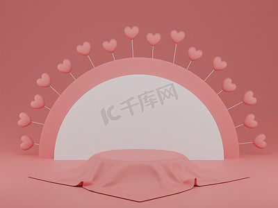 爱心粉红色摄影照片_情人节的概念，粉红色的心形气球与圆形背景和粉红色背景的基座。 