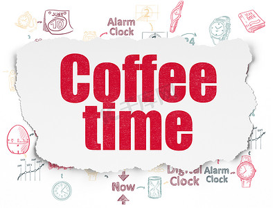 时间轴概念： 撕纸背景上的咖啡时间