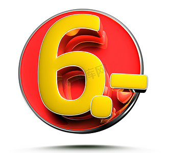 3d数字6摄影照片_6 号价格标签在带有剪切路径的白色背景 3D 插图上被隔离。