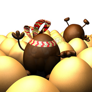 巧克力卡通摄影照片_“卡通复活节彩蛋人物挥舞着手，被彩蛋包围着。”