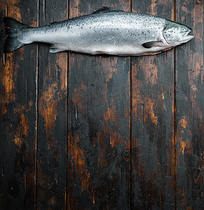 木质背景中的新鲜生鲑鱼红鱼，顶部视图，带文字空间