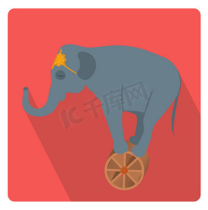 马戏团大象在车轮图标平面样式与长长的影子，孤立在白色背景上。