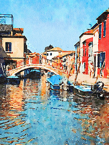 威尼斯布拉诺的一些典型的彩色建筑和一条运河上的桥梁