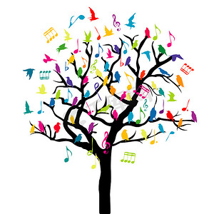 树上有彩色鸟和音符的音乐概念