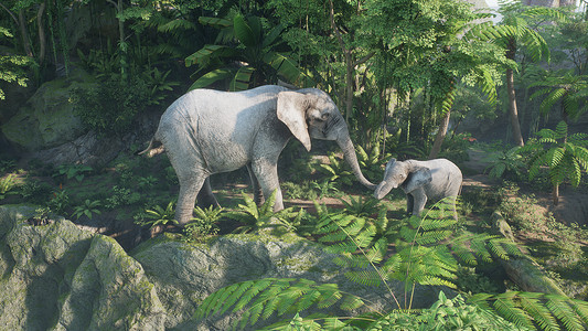 绿色丛林摄影照片_一头非洲象和一头小象正在绿色丛林中吃植物。