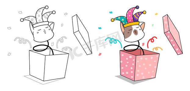 卡通可爱的小猫摄影照片_可爱的头猫在幸福盒卡通着色页