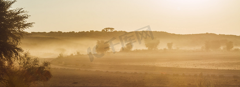 跨境主图摄影照片_南非 Kgalagadi 跨境公园的尘土日落风光