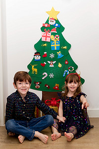 两个孩子坐在圣诞树前的地板上