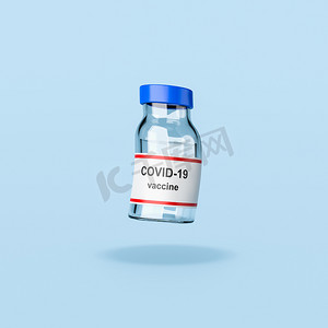 蓝色背景的 Covid 19 疫苗瓶