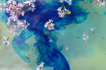 花漂浮摄影照片_淡紫色的花漂浮在蓝色的水面上