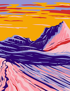 底图橘红色摄影照片_帕里亚高原白色口袋中旋转的灰色和白色砂岩位于朱砂悬崖国家纪念碑亚利桑那州美国 WPA 海报艺术