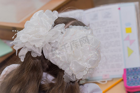坐在课桌前的女孩头上挂着白色蓬松的蝴蝶结。