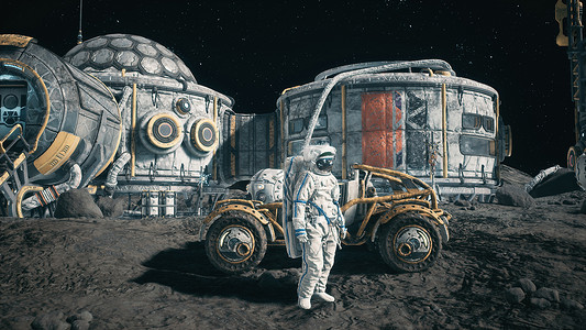 在太空月球基地，一名宇航员站在他的月球车旁边。