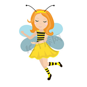 可爱的小女孩蜜蜂图标在平面、 卡通风格。