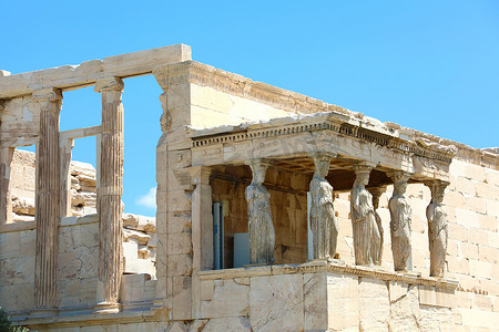 希腊雅典卫城山厄瑞克提翁世界著名女像柱的门廊