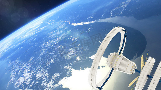 空间站绕地球飞行。 