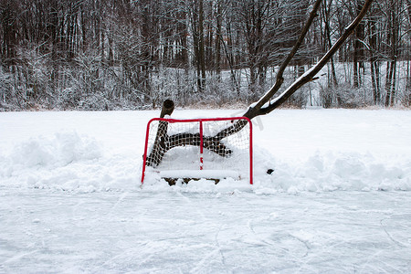 在结冰的室外池塘上设置的曲棍球网。