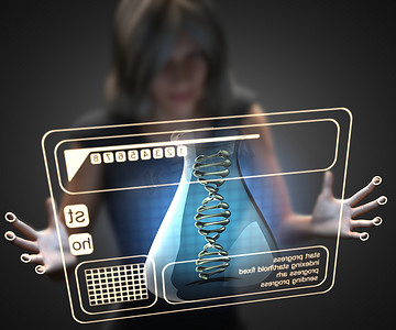 女人和带 DNA 的全息图