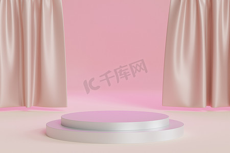 闪亮的米色窗帘背景上用于产品或广告的圆柱台或基座，最小 3d 插图渲染
