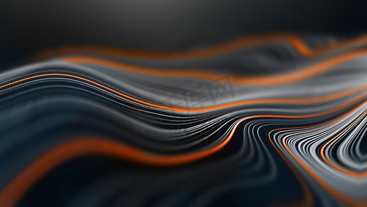蓝色线波浪线摄影照片_带有橙色和白色波浪线的深色技术背景。