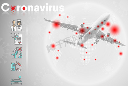 公共飞机航空 Covid-19 病毒的 Coronavirus 危机和健康预防，运输航空公司乘客医疗 Covid 大流行病指南模板。