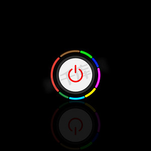 On Off Push 式电源按钮，On Off 按钮包含在白色圆圈中的红色图标和带有霓虹灯多色和黑色背景阴影的黑色圆形按钮中。