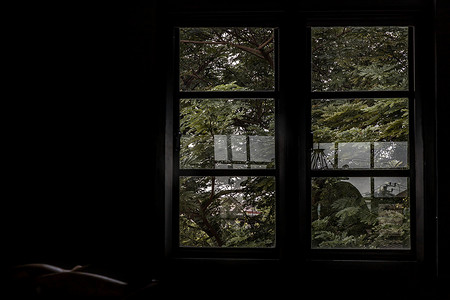 空荡荡的黑暗房间，窗外有绿色景观。