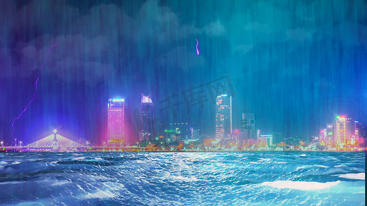 夜城 3D 渲染中带雨和闪电的雷暴