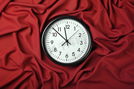 扭曲的时钟摄影照片_红色织物折叠褶上的白色时钟