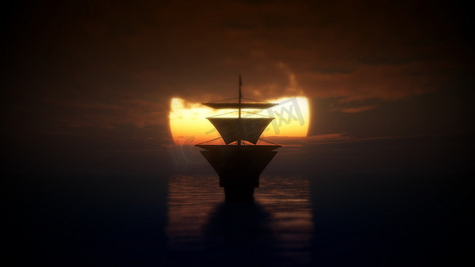 帆船矢量摄影照片_海上夕阳下的老船